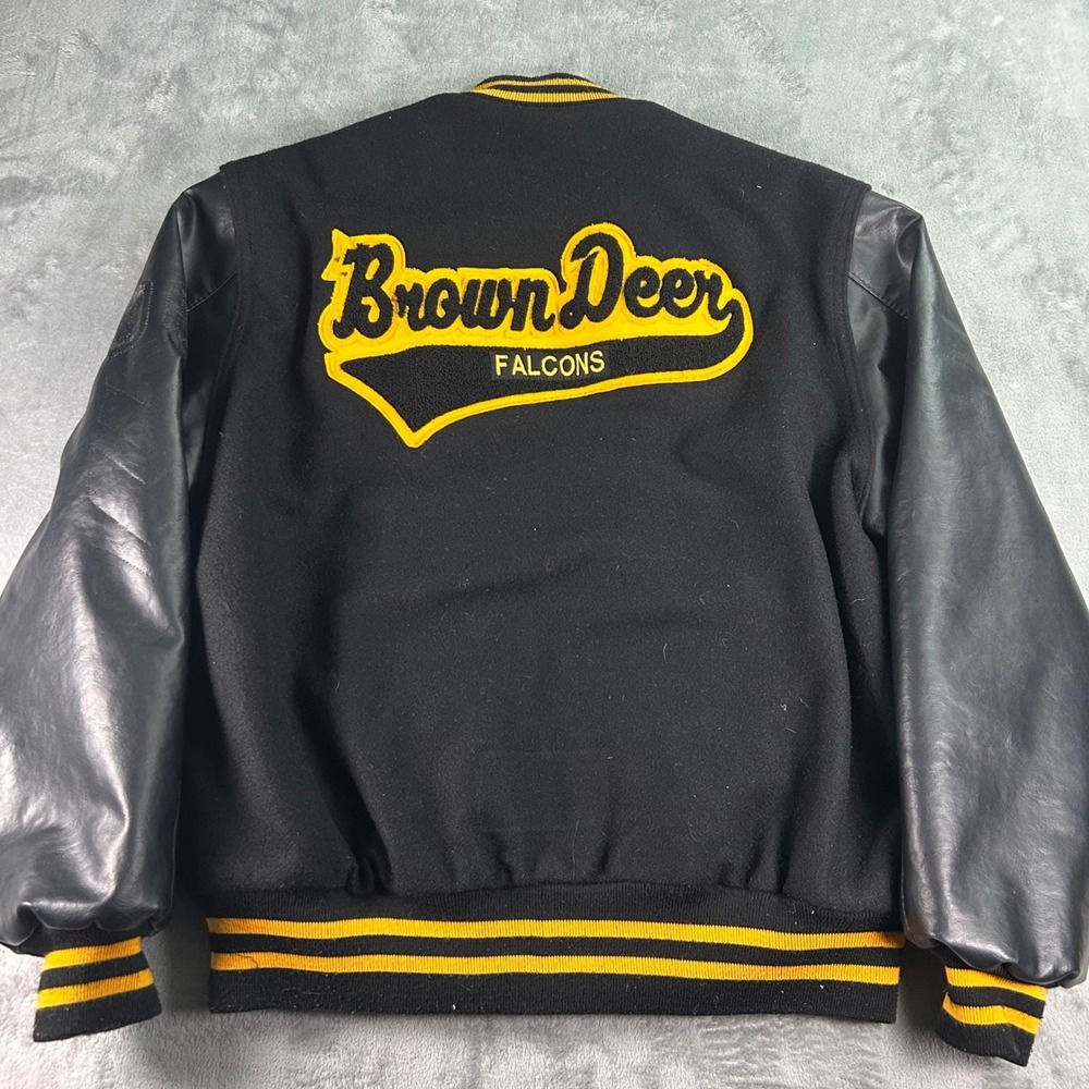 Holloway Varsity Jacket Brown Deer Falcons Wool Leather Black Yellow Large USA